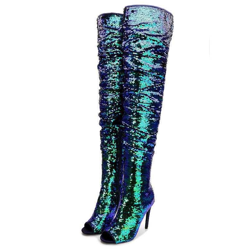 Sequin Fashion Fish Mouth Over The Knee High Heel Long Boots - Taylor K Shop