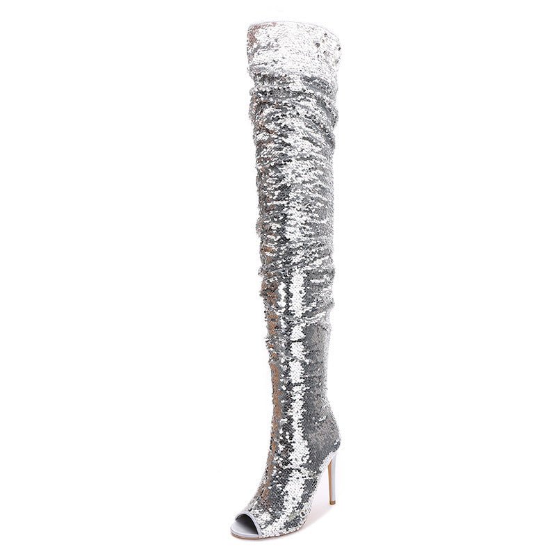 Sequin Fashion Fish Mouth Over The Knee High Heel Long Boots - Taylor K Shop