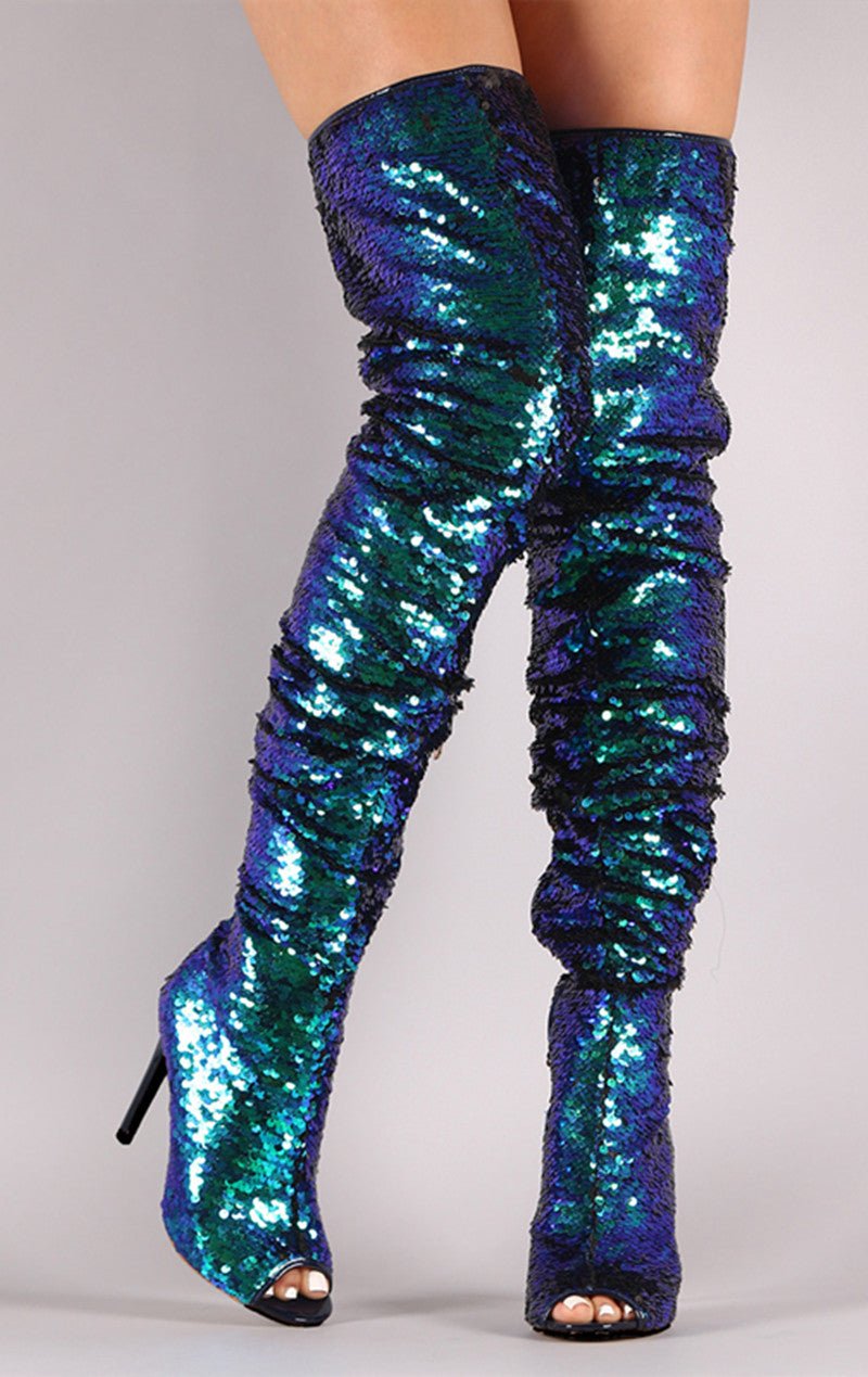 Sequin Fashion Fish Mouth Over The Knee High Heel Long Boots - Taylor K Shop