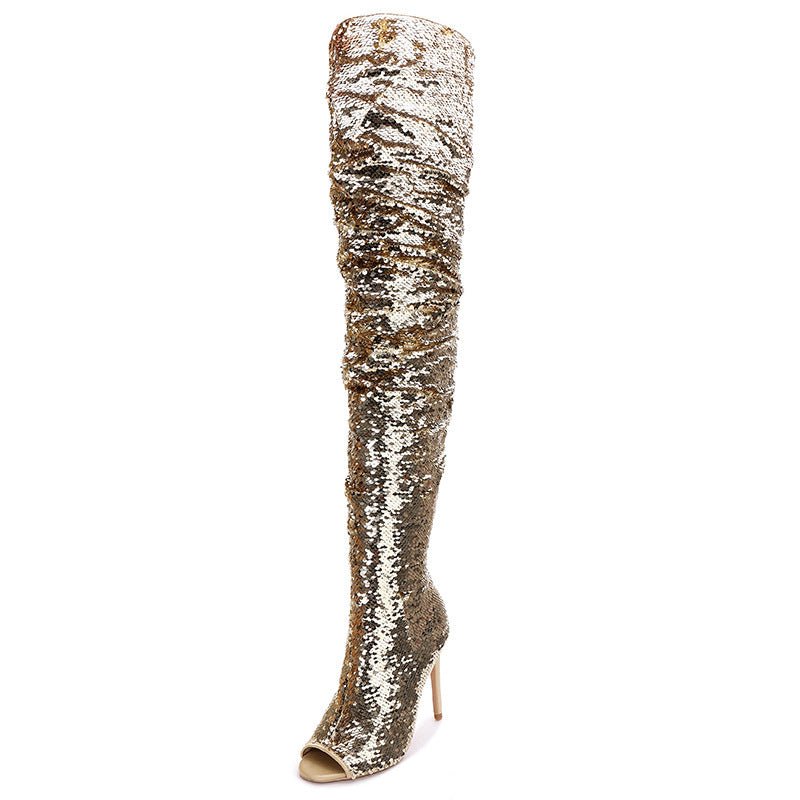 Sequin Fashion Fish Mouth Over The Knee High Heel Long Boots - Taylor K Shop