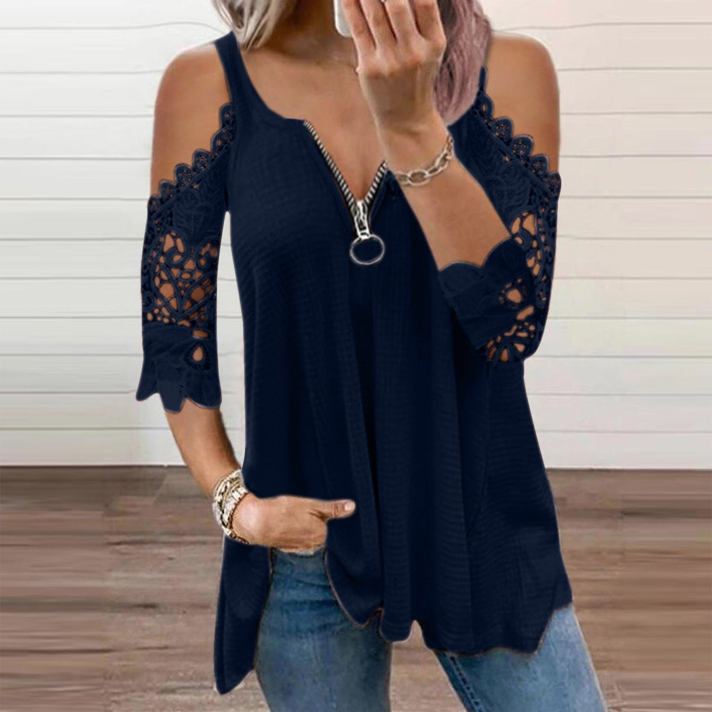 Sexy Summer Half Sleeve Lace Shirt Women Casual Zipper - Taylor K Shop