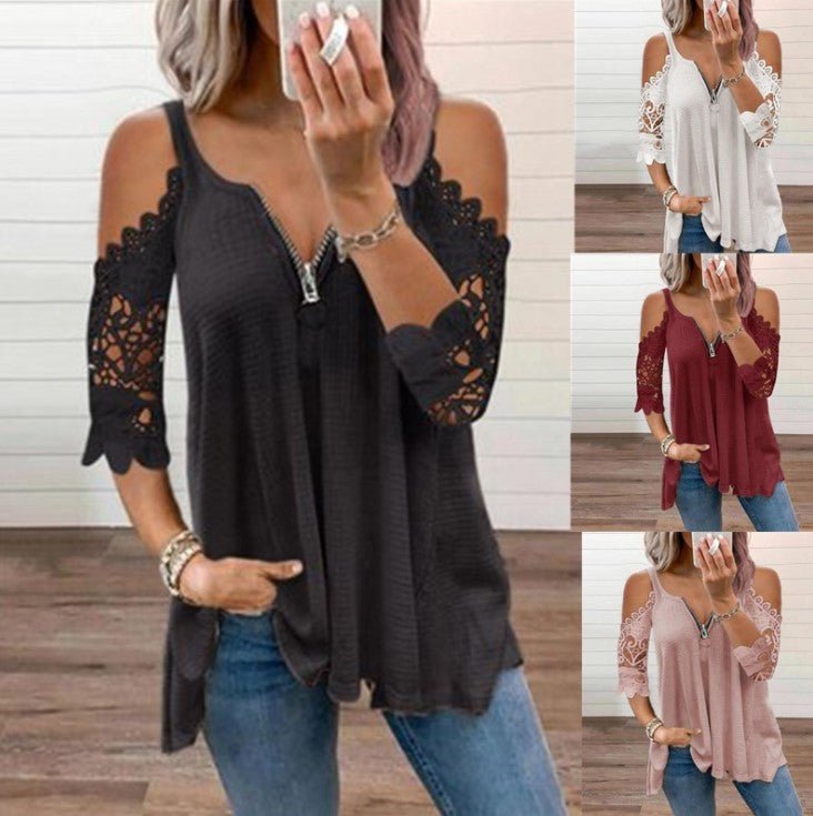 Sexy Summer Half Sleeve Lace Shirt Women Casual Zipper - Taylor K Shop