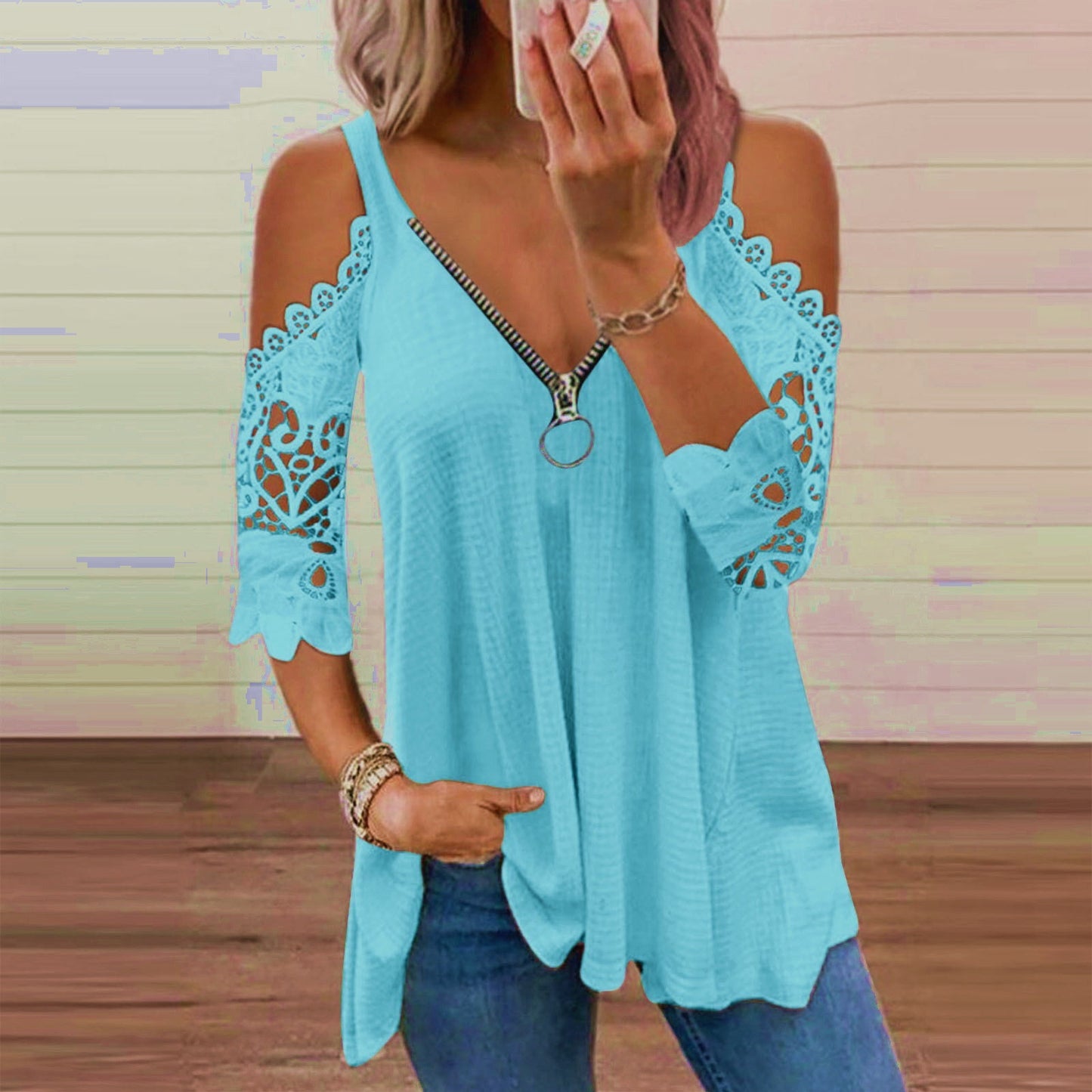 Sexy Summer Half Sleeve Lace Shirt Women Casual Zipper - Taylor K Shop