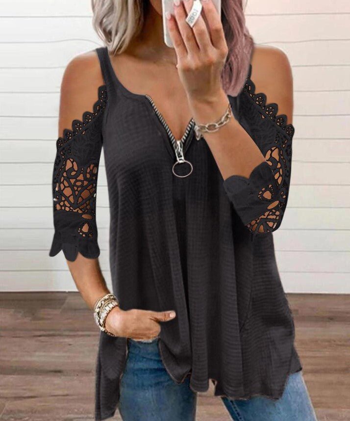 Sexy Summer Half Sleeve Lace Shirt Women Casual Zipper - Taylor K Shop