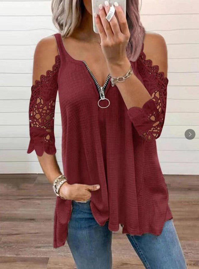 Sexy Summer Half Sleeve Lace Shirt Women Casual Zipper - Taylor K Shop