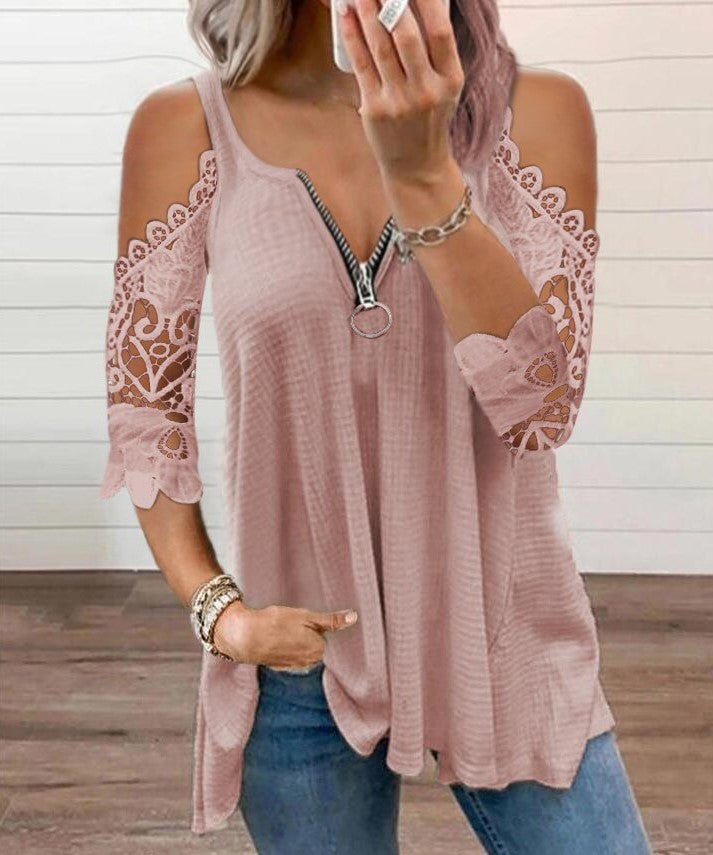 Sexy Summer Half Sleeve Lace Shirt Women Casual Zipper - Taylor K Shop
