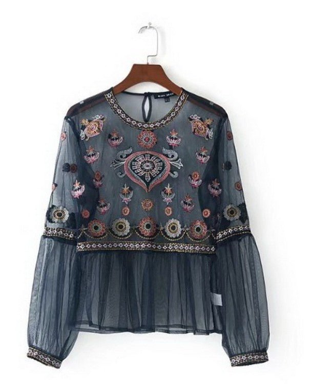 Sheer Mesh Embroidery Blouse - Taylor K Shop