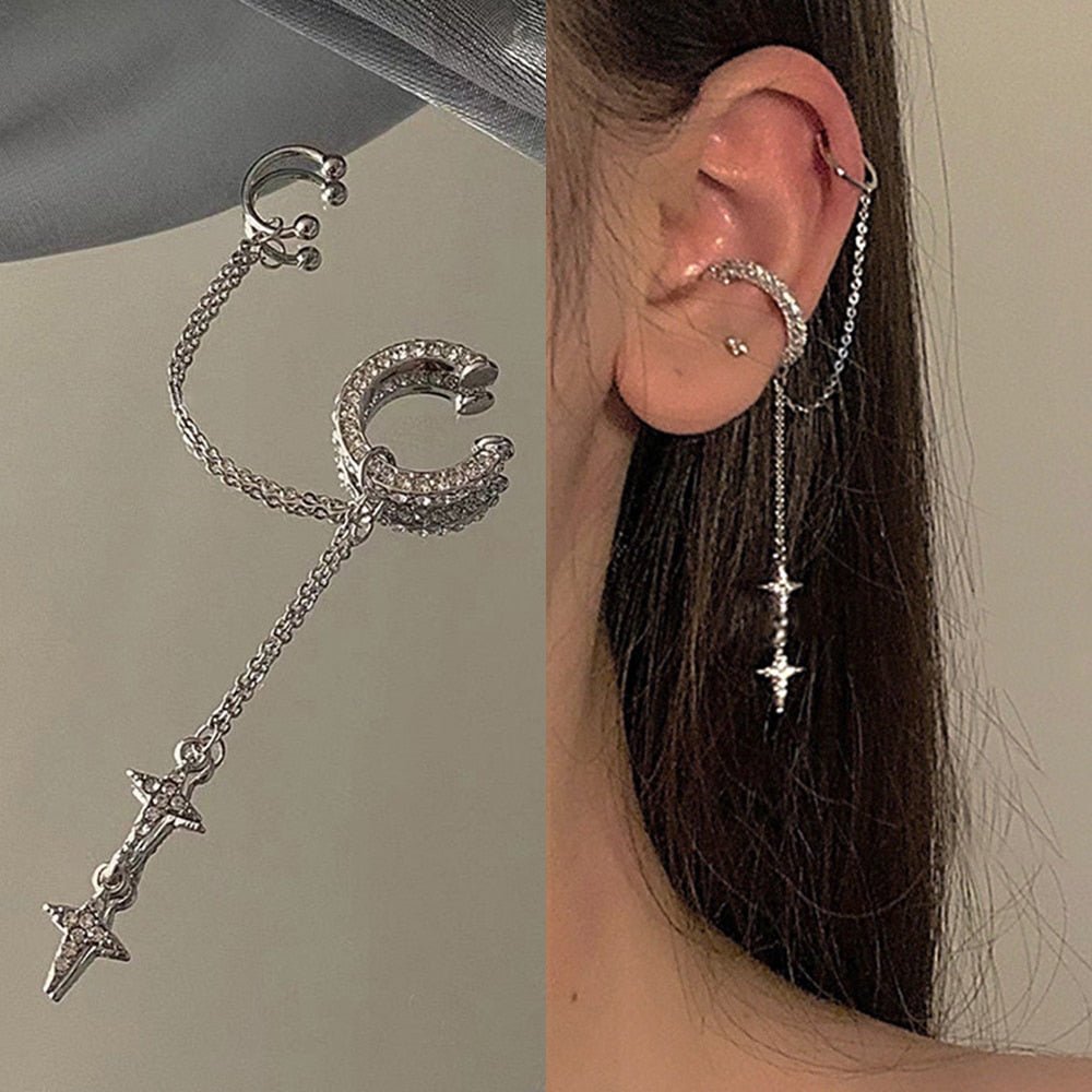Shiny Silver Color Crystal Tassel Non - Piercing Cuff Ear Clip Earring For Women Rhinestone Star Fake Cartilage Piercing Jewelry - Taylor K Shop
