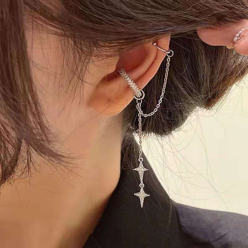 Shiny Silver Color Crystal Tassel Non - Piercing Cuff Ear Clip Earring For Women Rhinestone Star Fake Cartilage Piercing Jewelry - Taylor K Shop