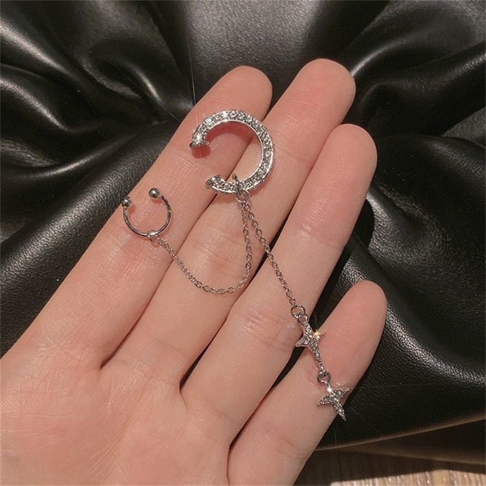 Shiny Silver Color Crystal Tassel Non - Piercing Cuff Ear Clip Earring For Women Rhinestone Star Fake Cartilage Piercing Jewelry - Taylor K Shop