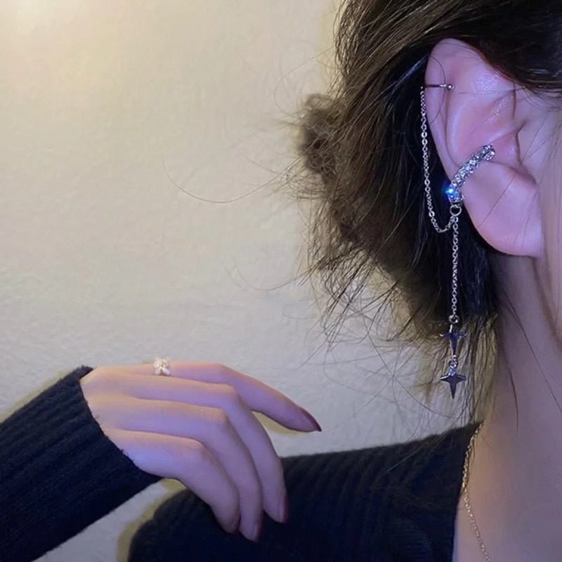 Shiny Silver Color Crystal Tassel Non - Piercing Cuff Ear Clip Earring For Women Rhinestone Star Fake Cartilage Piercing Jewelry - Taylor K Shop