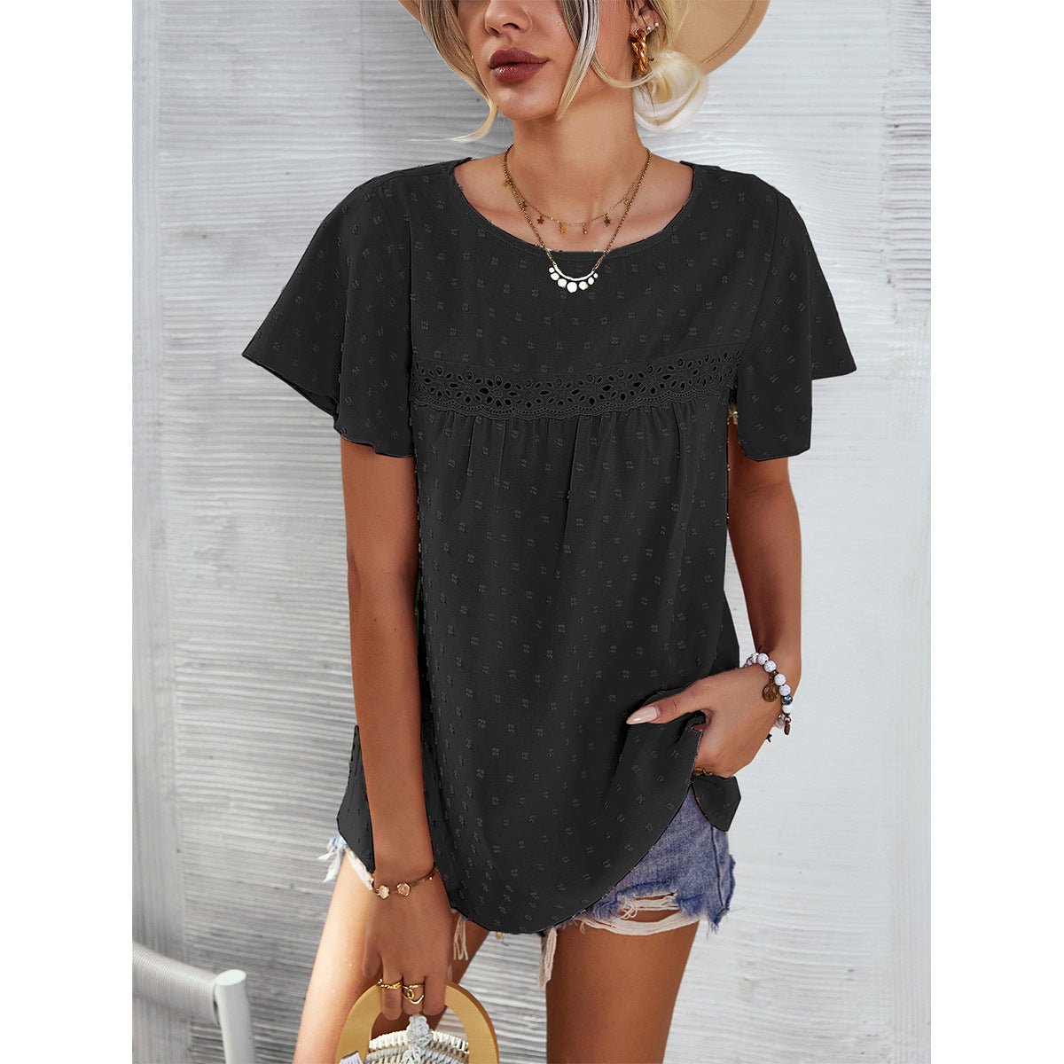 Short Sleeve Summer Tops Blouse Solid Color Lace Babydoll Shirts - Taylor K Shop
