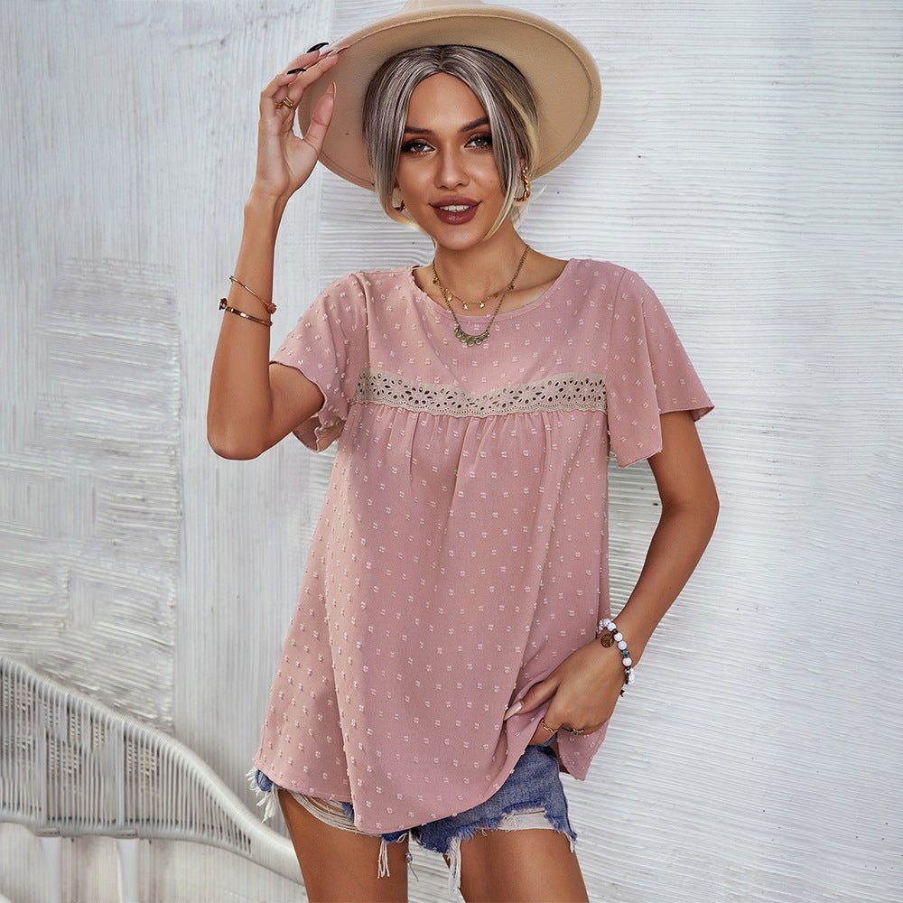 Short Sleeve Summer Tops Blouse Solid Color Lace Babydoll Shirts - Taylor K Shop