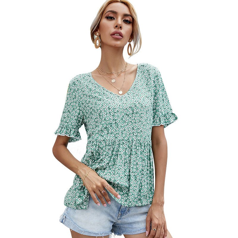 Short - Sleeved Shirt Floral Female Summer New Loose V - Neck Ruffled Blouse - Taylor K Shop