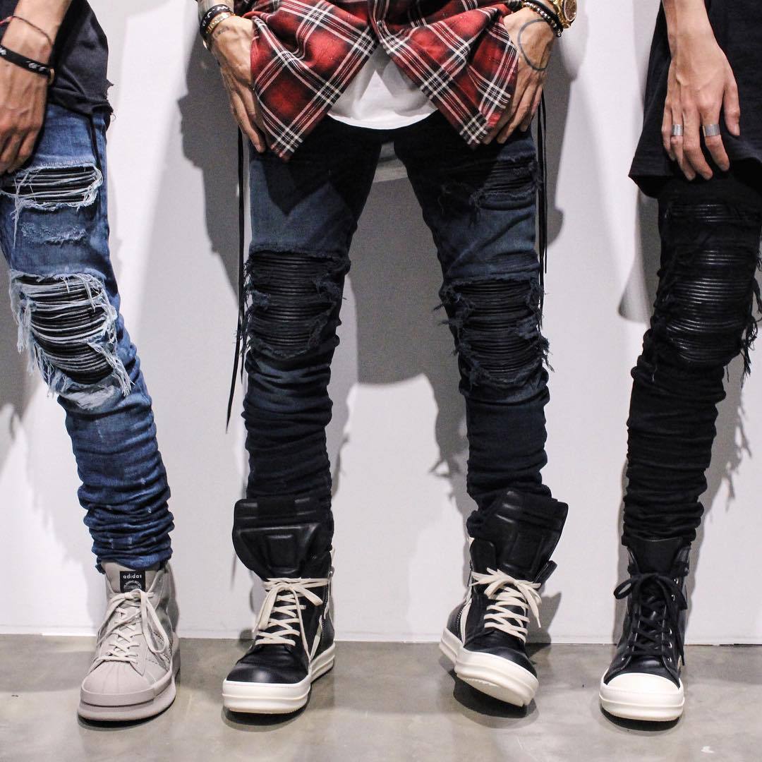 Shredded jeans, slim feet, jeans, motorcycle, men's trousers - Taylor K Shop