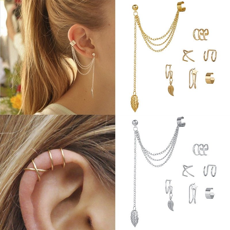 Silver Color Leaves Clip Earrings for Women Men Creative Simple C Ear Cuff Non - Piercing Ear Ear Clip Set Trend Jewelry Gift - Taylor K Shop