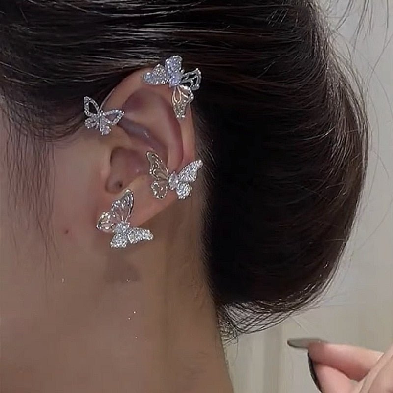 Silver Plated Metal Crystal Butterfly Ear Clips For Women Sparkling Zircon Ear Cuff Clip Earrings Wedding Girls Jewelry Gifts - Taylor K Shop