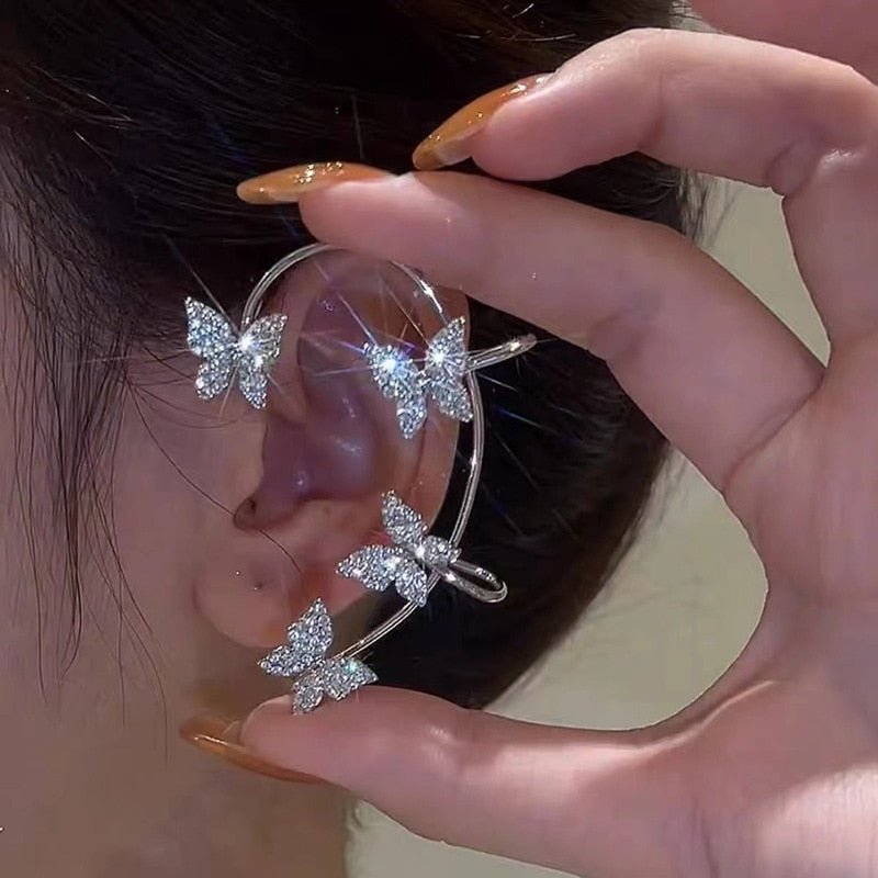 Silver Plated Metal Leaf Butterfly Clip Earrings for Women Ear Clips Without Piercing Sparkling Zircon Ear Cuff Fashion Jewelry - Taylor K Shop