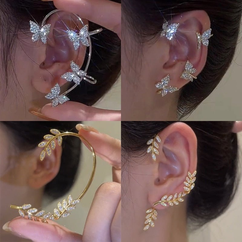 Silver Plated Metal Leaf Butterfly Clip Earrings for Women Ear Clips Without Piercing Sparkling Zircon Ear Cuff Fashion Jewelry - Taylor K Shop