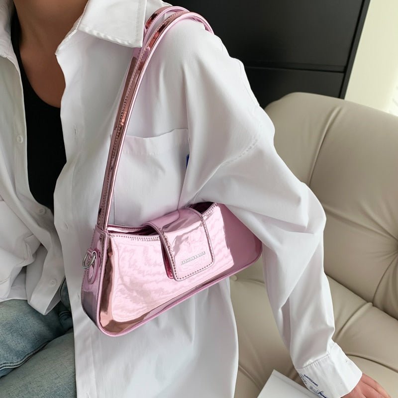 Single Shoulder Bag Gold Handbag 2023 New Shiny Leather Women Brand Bague Bags Fashion Female Moon Bag Armpit Purse Bright Color - Taylor K Shop