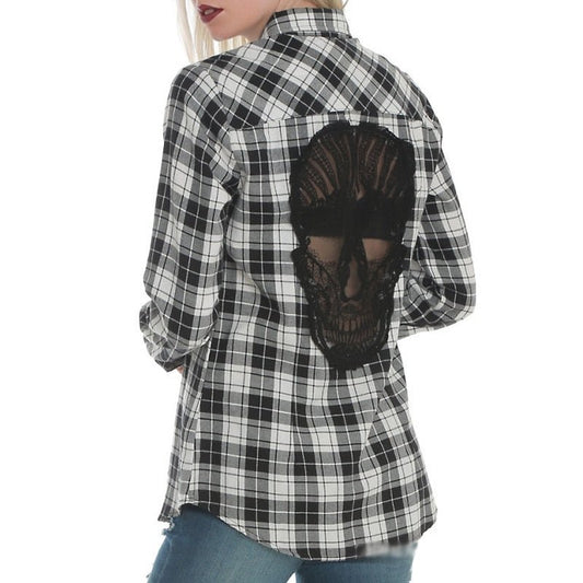 Skull Back Hollow Out Women Blouses Shirts Long Sleeve Plaid Blouse Blusas Tops Chemise Plus Size - Taylor K Shop