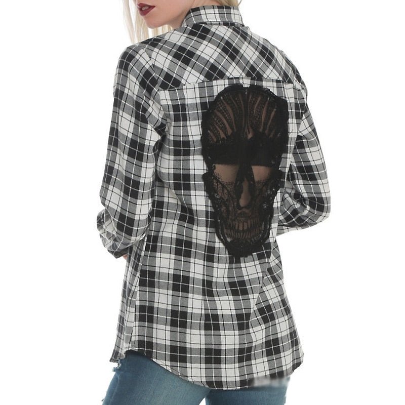 Skull Back Hollow Out Women Blouses Shirts Long Sleeve Plaid Blouse Blusas Tops Chemise Plus Size - Taylor K Shop