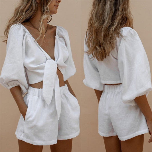 Sleeve Tops Shorts Elastic Waist Wide Leg Short Suit Sets - Taylor K Shop