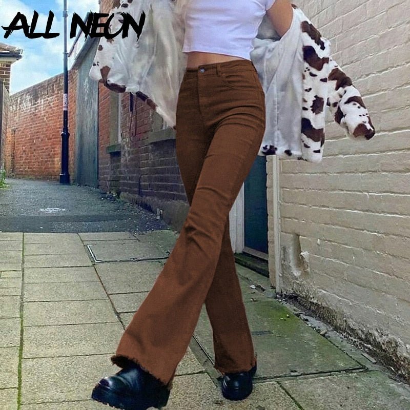Slim Brown Flare Jeans Vintage Solid High Waist Pants - Taylor K Shop