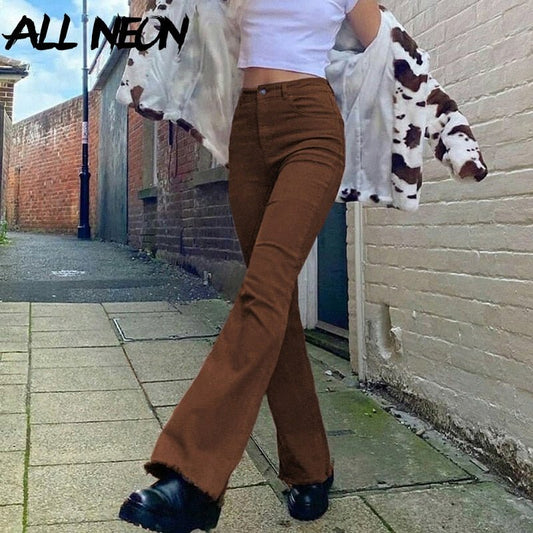 Slim Brown Flare Jeans Vintage Solid High Waist Pants - Taylor K Shop