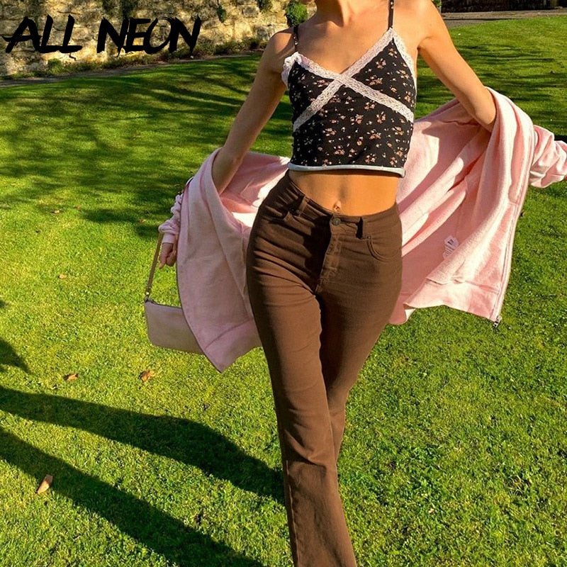 Slim Brown Flare Jeans Vintage Solid High Waist Pants - Taylor K Shop