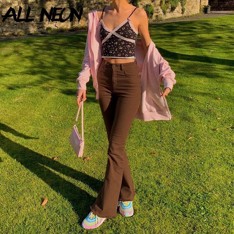 Slim Brown Flare Jeans Vintage Solid High Waist Pants - Taylor K Shop