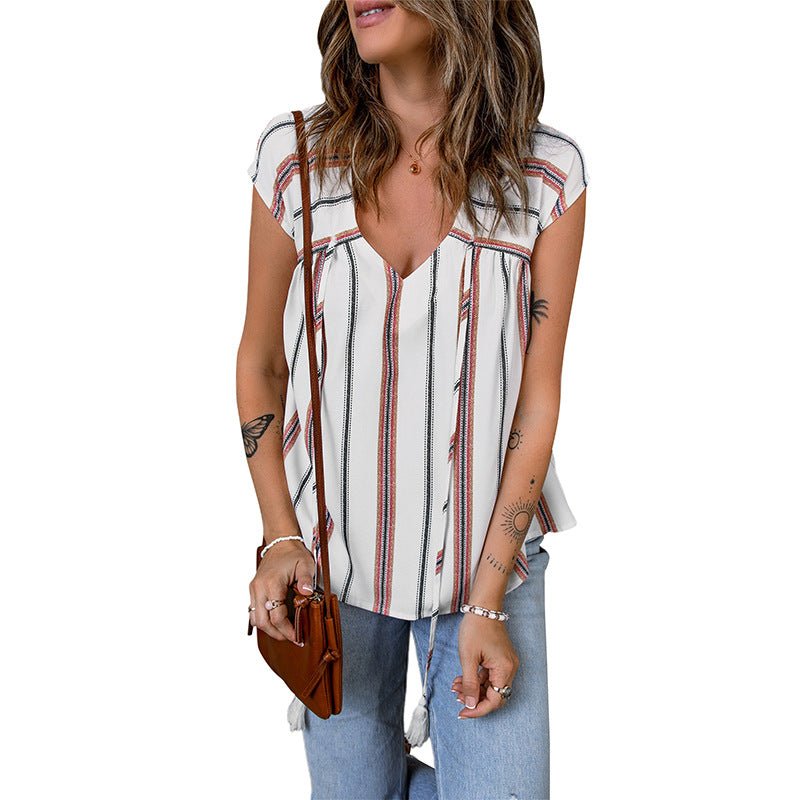 Slim - fit Slimming Low V - neck Chiffon Blouse Women Summer Stripes Printed Pullover - Taylor K Shop