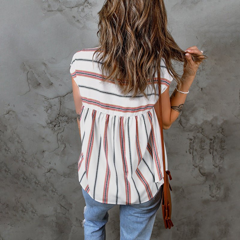 Slim - fit Slimming Low V - neck Chiffon Blouse Women Summer Stripes Printed Pullover - Taylor K Shop