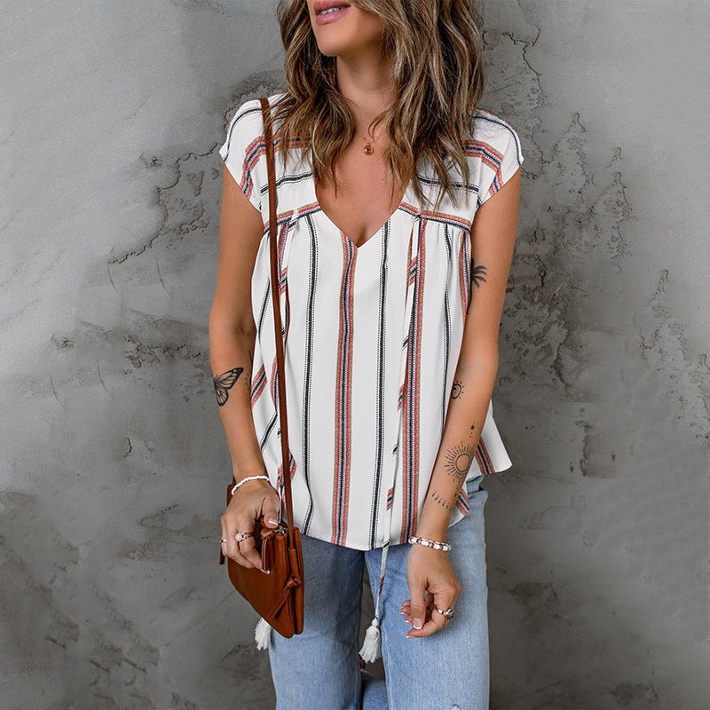 Slim - fit Slimming Low V - neck Chiffon Blouse Women Summer Stripes Printed Pullover - Taylor K Shop