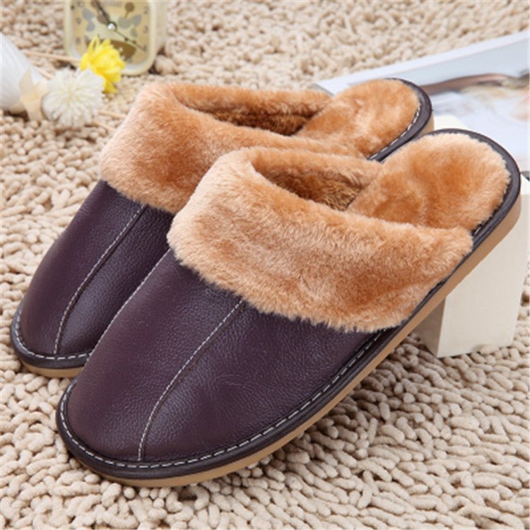 Slippers Winter New Cowhide Cotton Slippers Household Slippers Men And Women Lovers Plush Warm Floor Mop Wholesale - Taylor K Shop