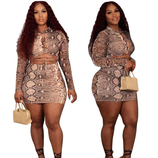 Snakeskin Printed Tie Navel Bare Long Sleeve Short Skirt Two Piece Set - Taylor K Shop