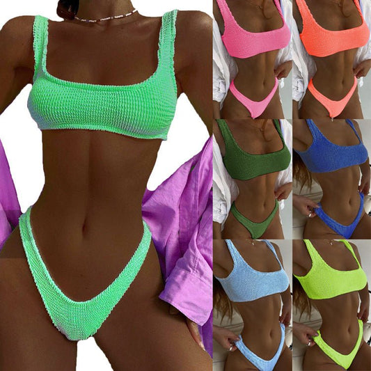 Special Fabric Crinkle Bikini Ladies Macaron Color Split Swimsuit - Taylor K Shop