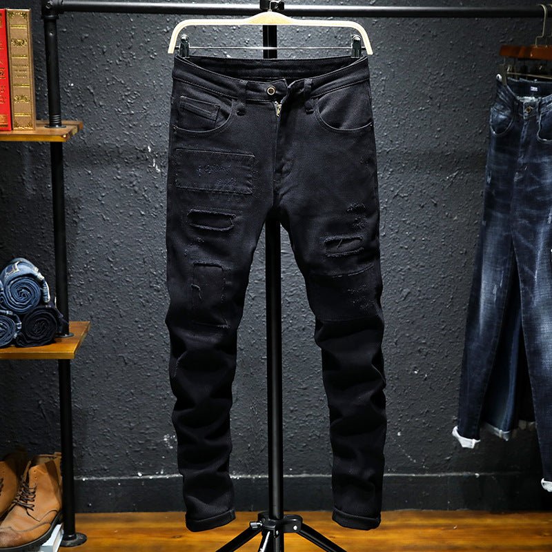 Spring And Summer New Jeans Pure Black Ripped Stretch Jeans Men Black Jeans Men - Taylor K Shop