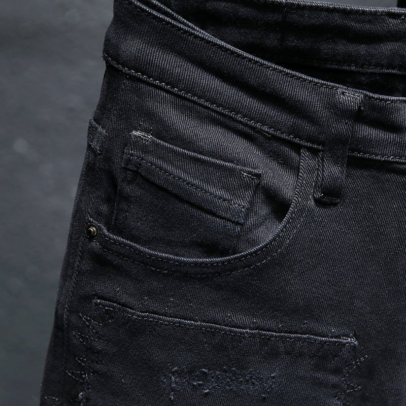 Spring And Summer New Jeans Pure Black Ripped Stretch Jeans Men Black Jeans Men - Taylor K Shop