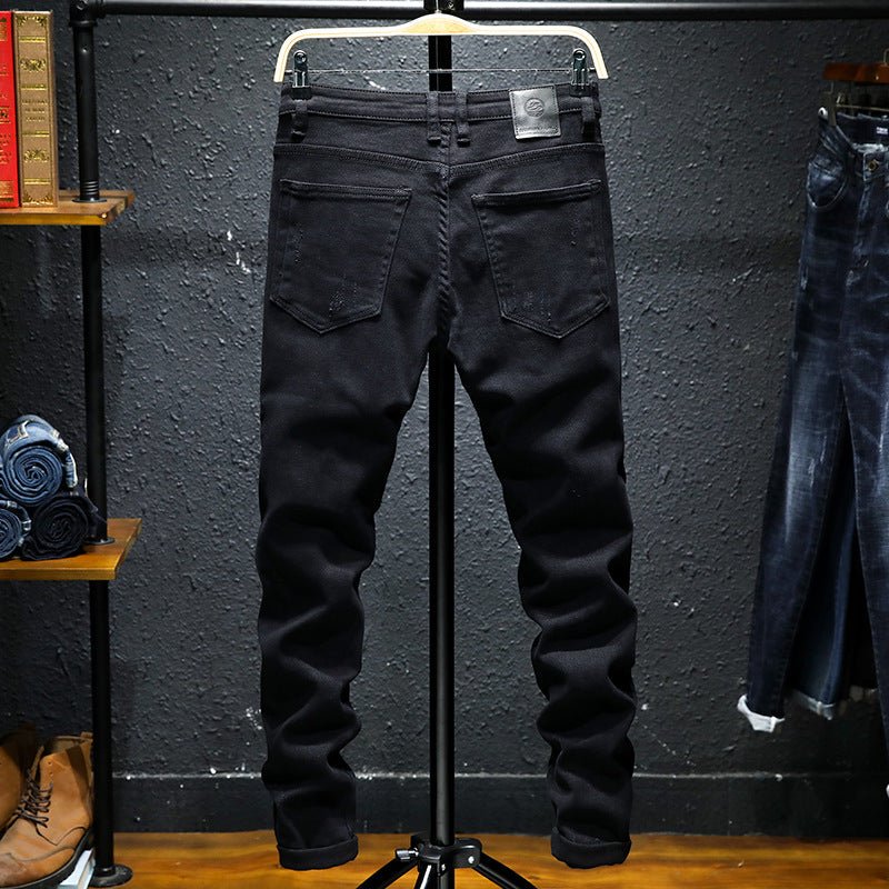 Spring And Summer New Jeans Pure Black Ripped Stretch Jeans Men Black Jeans Men - Taylor K Shop