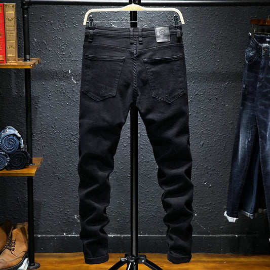 Spring And Summer New Jeans Pure Black Ripped Stretch Jeans Men Black Jeans Men - Taylor K Shop