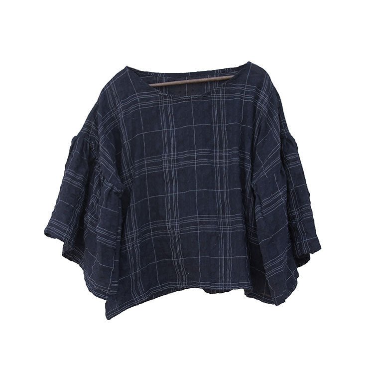 Spring And Summer Ramie Jacquard Hairline Rule Plaid Large Lotus Leaf Eight - quarter Sleeve Loose Blouse - Taylor K Shop