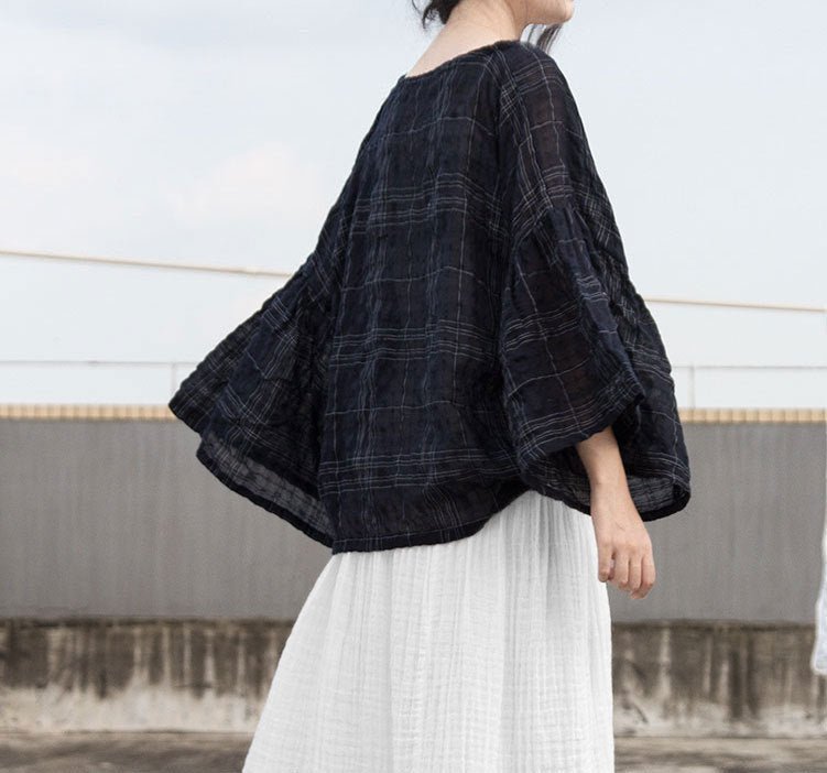 Spring And Summer Ramie Jacquard Hairline Rule Plaid Large Lotus Leaf Eight - quarter Sleeve Loose Blouse - Taylor K Shop