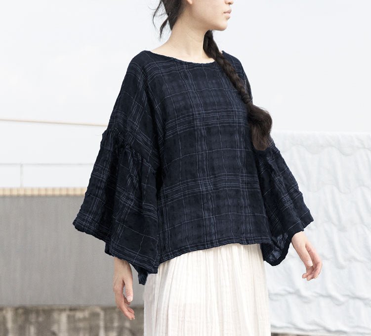 Spring And Summer Ramie Jacquard Hairline Rule Plaid Large Lotus Leaf Eight - quarter Sleeve Loose Blouse - Taylor K Shop