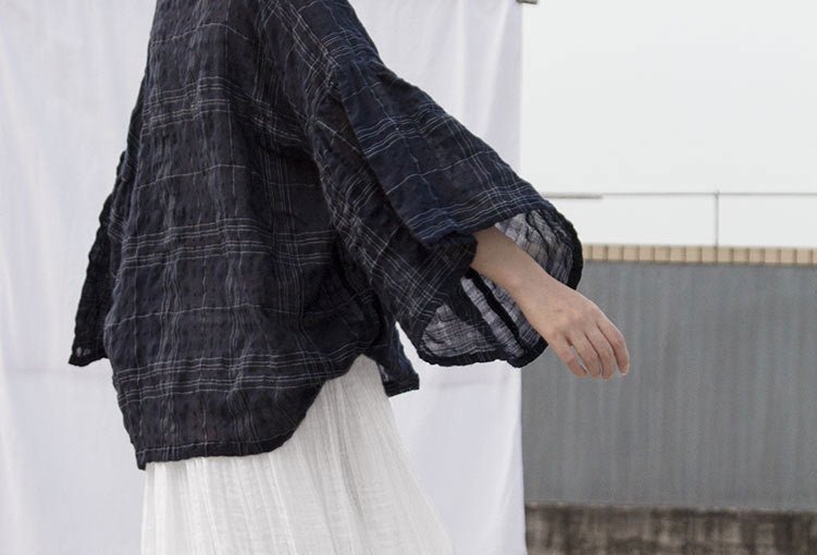 Spring And Summer Ramie Jacquard Hairline Rule Plaid Large Lotus Leaf Eight - quarter Sleeve Loose Blouse - Taylor K Shop