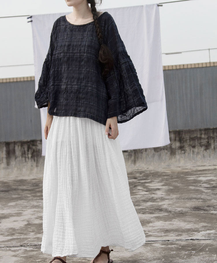 Spring And Summer Ramie Jacquard Hairline Rule Plaid Large Lotus Leaf Eight - quarter Sleeve Loose Blouse - Taylor K Shop