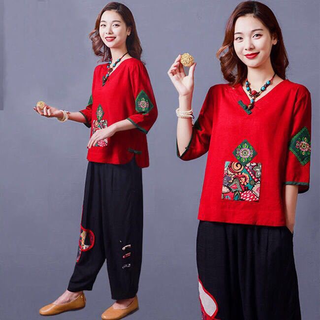 Spring And Summer Women's Casual V - neck Ethnic Cotton And Linen Blouse - Taylor K Shop