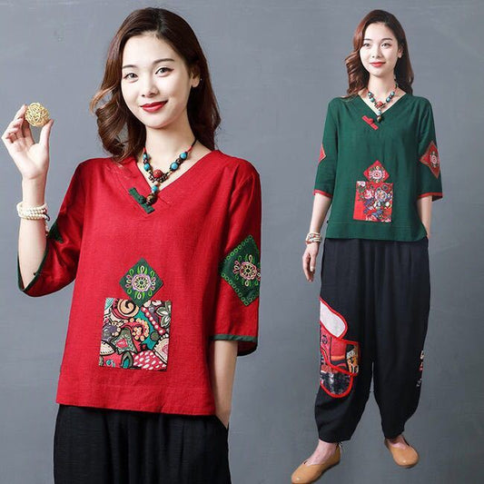 Spring And Summer Women's Casual V - neck Ethnic Cotton And Linen Blouse - Taylor K Shop