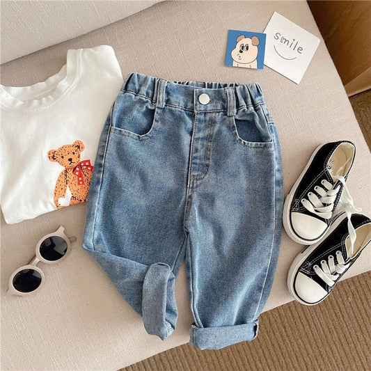 Spring autumn girls embossed smile jeans 1 - 6 years children fashion solid color all - match denim pants - Taylor K Shop
