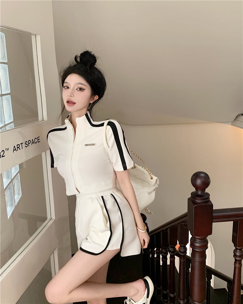 Stand Collar Zip Short Sleeve Blouse Summer Stripes - Taylor K Shop
